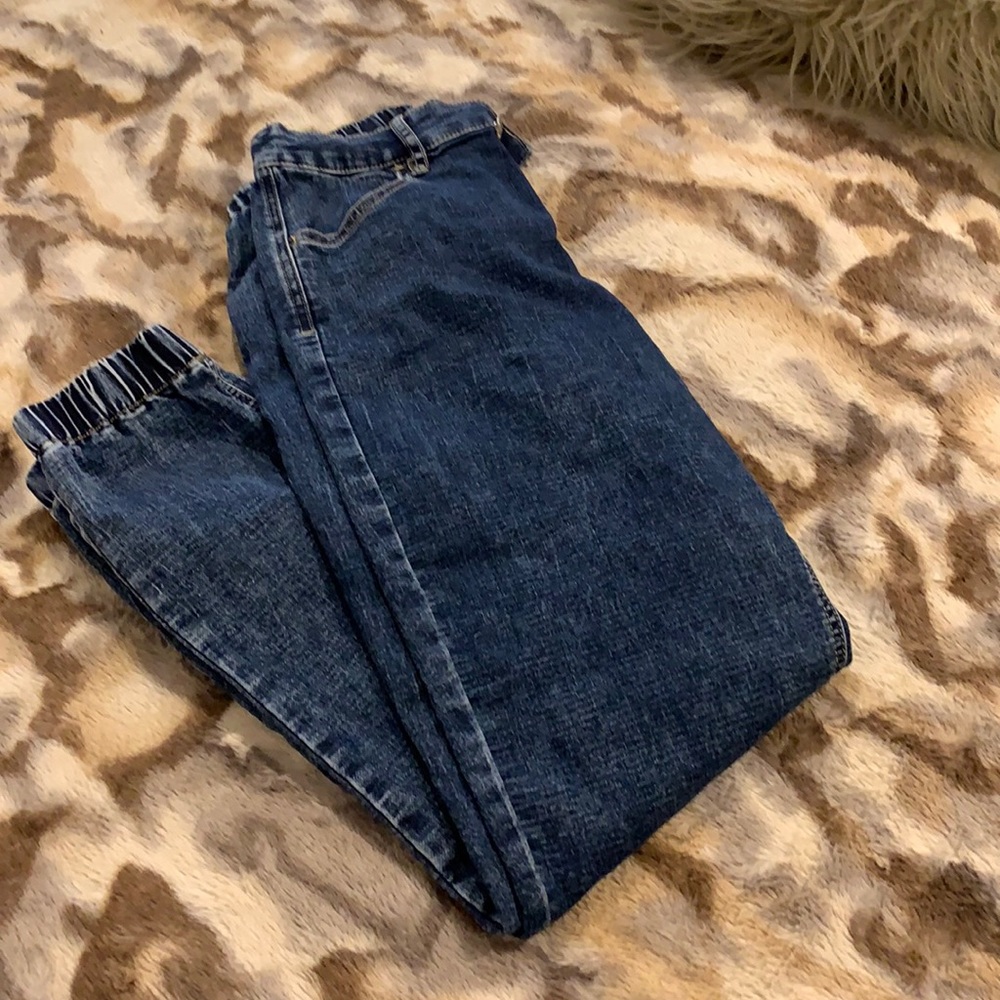 Medium Denim Elastic Hem Balloon Jeans
